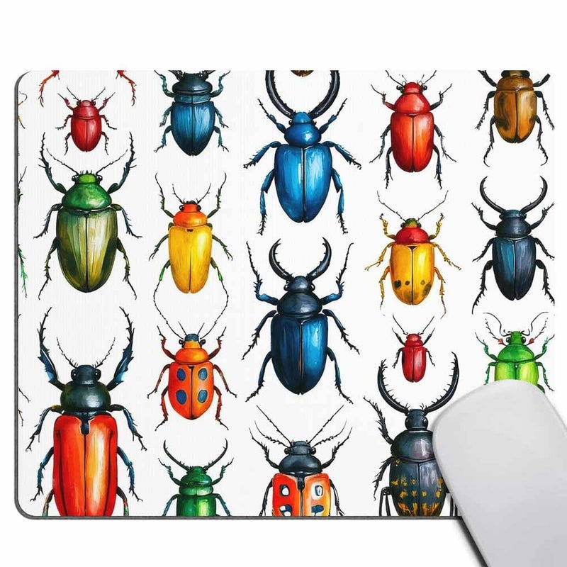 Smooffly Beetles Mouse Pad Custom,Colorful Kinds of Beetle Watercolor Hexapod Bug Personalized Rectangle Mouse Pad - Image 1